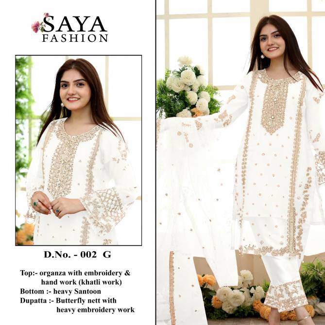 Saya Fashion 002 E F G Organza Festive Wear Wholesale Pakistani Suit Catalog